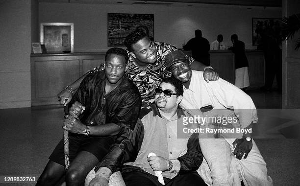Video Soul' host Donnie Simpson, rapper Heady D. Of Heavy D. And The Boyz and singers Jeff Redd and Bubba of Today poses for photos during 'Motown...