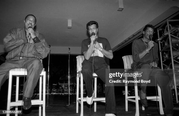 Singers Melvin Franklin, Richard Street and Ali-Ollie Woodson of The Temptations performs during the finale of 'Motown Soul By The Sea II' at the...