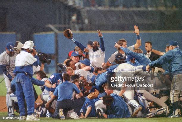 The Toronto Blue Jays celebrates after they defeated the Atlanta Braves for 1992 Major League Baseball World Series on October 24, 1992 at...