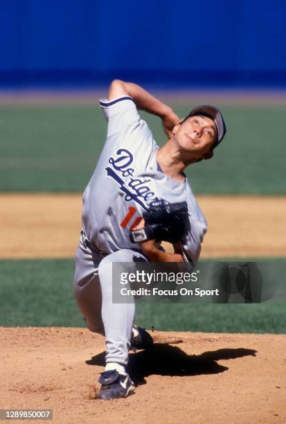 Hideo Nomo of the Los Angeles Dodgers pitches during a Major League Baseball game circa 1995. Nomo played for the Dodgers from 1995 - 98 and 2002
