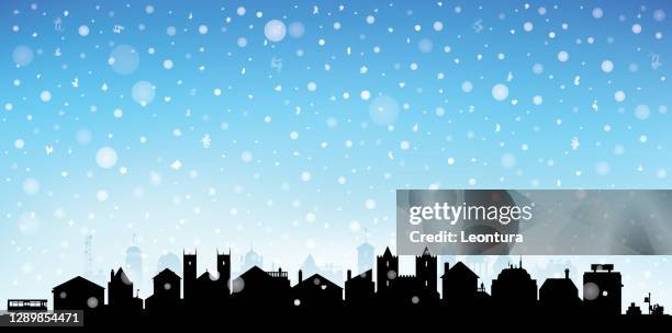 christmas town (each building is moveable and complete) - christmas village silhouette stock illustrations