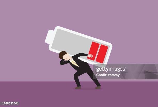 ilustraciones, imágenes clip art, dibujos animados e iconos de stock de un empleado lleva una batería baja - presión