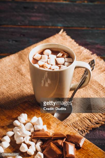 hot chocolate on rustic table - hot chocolate stock pictures, royalty-free photos & images