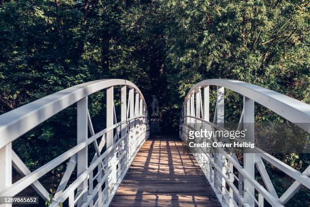a small white historical metal bridge in a public park in leipzig, germany - leipzig saxony stock pictures, royalty-free photos & images