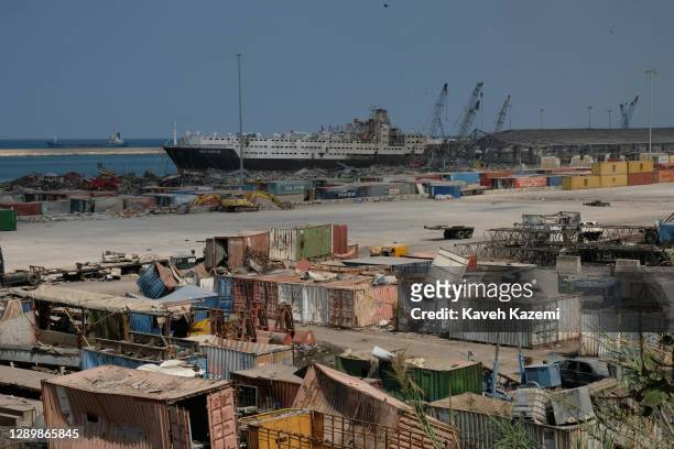 The general view of the destruction caused by the explosion of a large amount of ammonium nitrate stored at the city port seen on September 25, 2020...