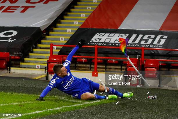 Jamie Vardy of Leicester City celebrates after scoring their team's second goal during the Premier League match between Sheffield United and...