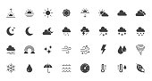 Weather flat icons set. Sun, rain, thunder storm, dew, wind, snow cloud, night sky black minimal vector illustrations. Simple glyph silhouette signs for web, forecast app