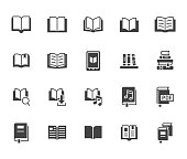 Book flat icons set. Open books, dictionary, bible, audio novel, dictionary, literature education black minimal vector illustrations. Simple glyph silhouette signs for web library app
