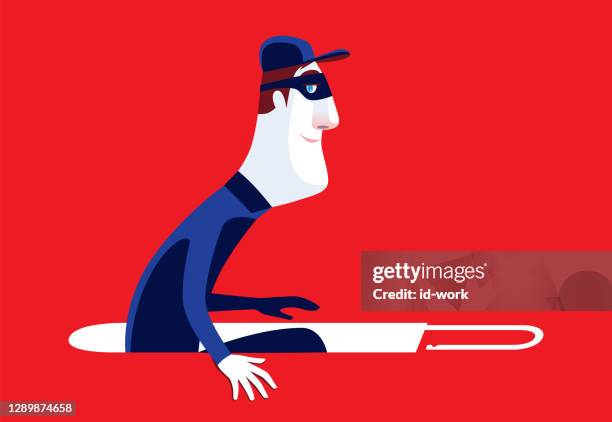 thief emerging from open padlock - cybersecurity risk stock illustrations