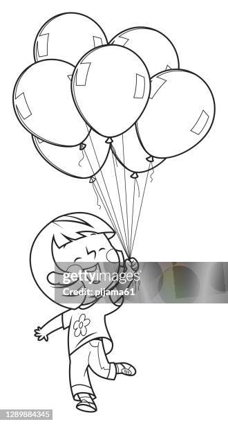 färbung seite kleines mädchen mit ballon - ausmalen stock-grafiken, -clipart, -cartoons und -symbole