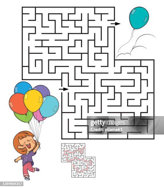 maze, kleines mädchen mit ballon - schulkind nur mädchen stock-grafiken, -clipart, -cartoons und -symbole