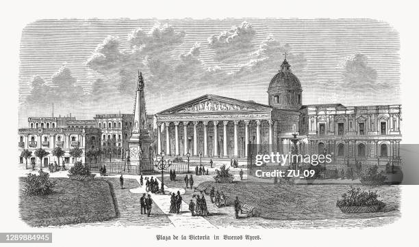 plaza de mayo, buenos aires, argentina, wood engraving, published 1893 - buenos aires plaza de mayo stock illustrations
