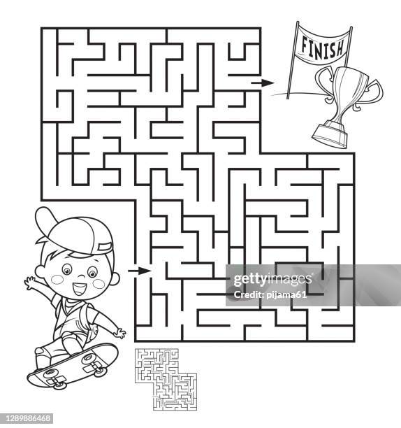coloring page outline of boy on the skateboard. labyrinth - happy jumping white background stock illustrations