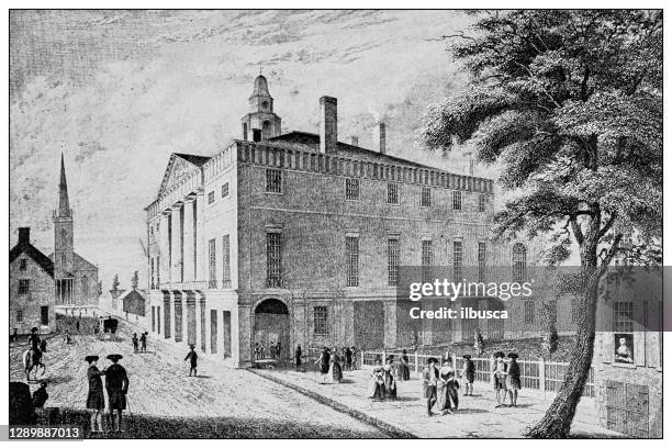 new york financial district buildings: federal hall, trinity church, wall street, 1789 - new york stock exchange old stock illustrations