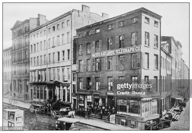 new york financial district buildings: wall street, southeast corner of broad street - broad street manhattan stock illustrations