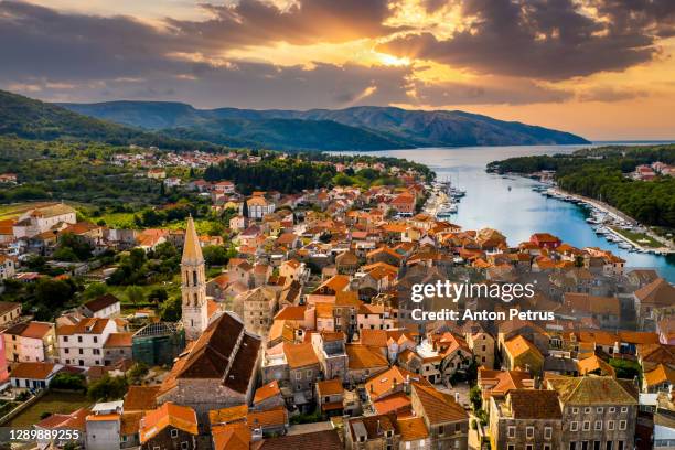 aerial view of stari grad, a town at hvar island, croatia - hvar - fotografias e filmes do acervo