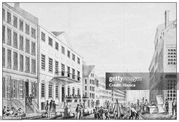 new york financial district buildings: tontine building, wall street, 1797 - new york stock exchange old stock illustrations