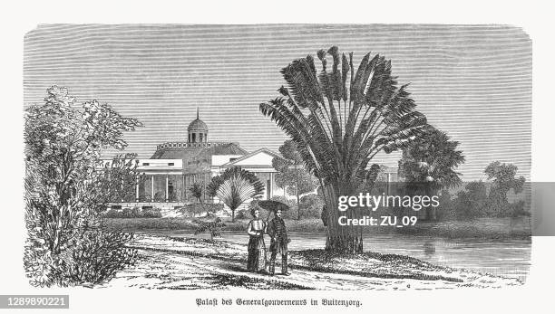 stockillustraties, clipart, cartoons en iconen met historische mening van het paleis bogor, java, houtsnede, gepubliceerd 1893 - bogor