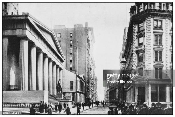 new york financial district buildings: us sub treasury and us assay office - historic stock exchange building stock illustrations