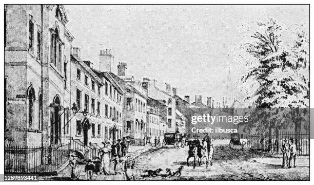 antike illustration: broadway, aus bowling green, new york, 1828 - new york gemälde stock-grafiken, -clipart, -cartoons und -symbole