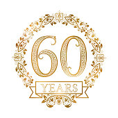 Golden emblem of sixtieth years anniversary in vintage style.