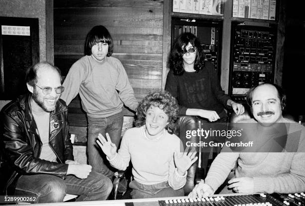 American Pop singer and actress Lesley Gore poses with, from left, music producer Ritchie Cordell , Punk Rock musicians Johnny Ramone and Joey Ramone...