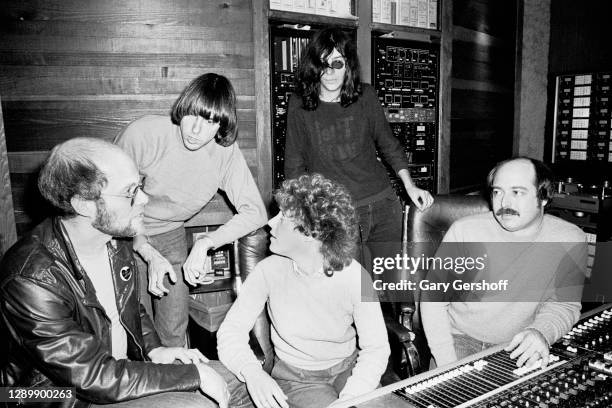 American Pop singer and actress Lesley Gore poses with, from left, music producer Ritchie Cordell , Punk Rock musicians Johnny Ramone and Joey Ramone...