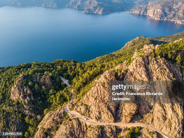 panoramic aerial view of calanches de piana coastline, western corsica island, france, a unesco heritage site - corse photos et images de collection