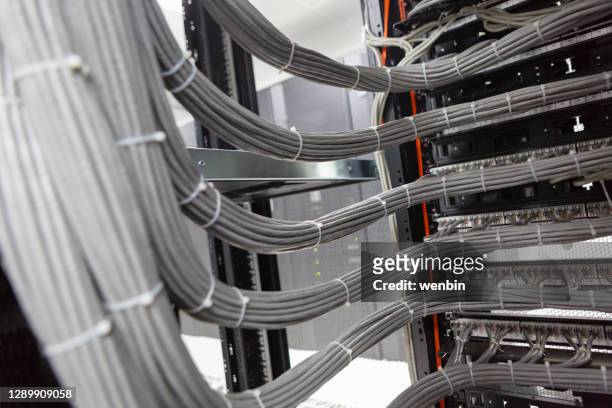 network cables connected to switch - wire cut stockfoto's en -beelden
