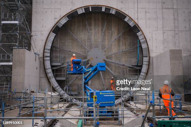Construction workers continue work on the entrance to the HS2 Chiltern tunnels on December 07, 2020 in Rickmansworth, England. The site around the...