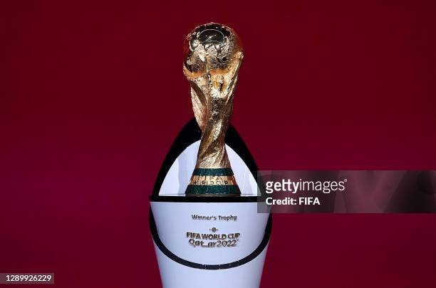 In this handout provided by FIFA The World Cup Trophy is seen prior to the Preliminary Draw of the 2022 Qatar FIFA World Cup on December 07, 2020 in...