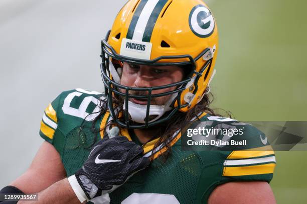 David Bakhtiari of the Green Bay Packers warms up before the game against the Philadelphia Eagles at Lambeau Field on December 06, 2020 in Green Bay,...