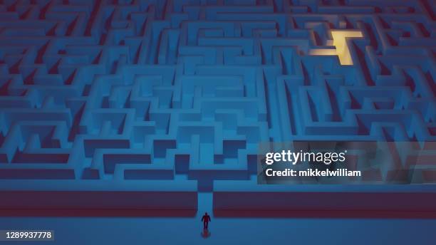 de mens bevindt zich voor een groot doolhof klaar om de uitdaging aan te gaan - hindernissen overkomen stockfoto's en -beelden