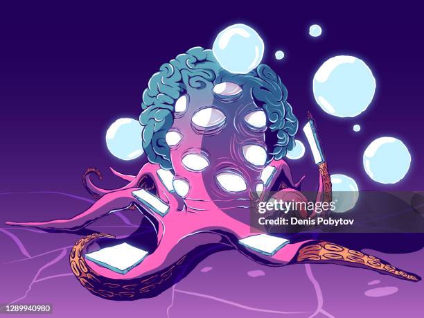 hand-drawn cartoon illustration - octopus with mobile gadgets. - octopus illustration stock illustrations
