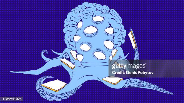 hand-drawn sketch illustration -octopus with digital gadgets. - giant octopus stock illustrations