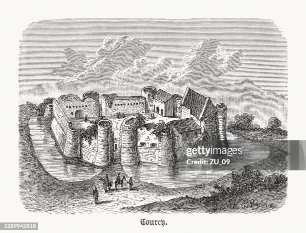 château de courcy, calvados department of france, woodcut, published 1893 - circa 12th century stock illustrations
