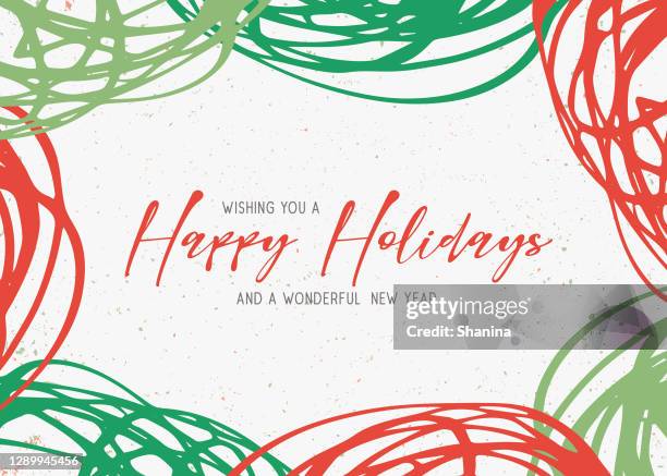 happy holidays scribbles greeting card - red and green - film script stock illustrations