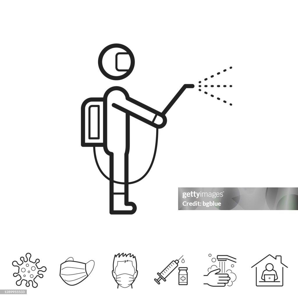 Person in protective suit and spraying disinfectant. Line icon - Editable stroke