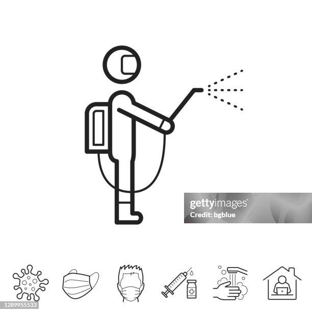person in protective suit and spraying disinfectant. line icon - editable stroke - garbage man stock illustrations