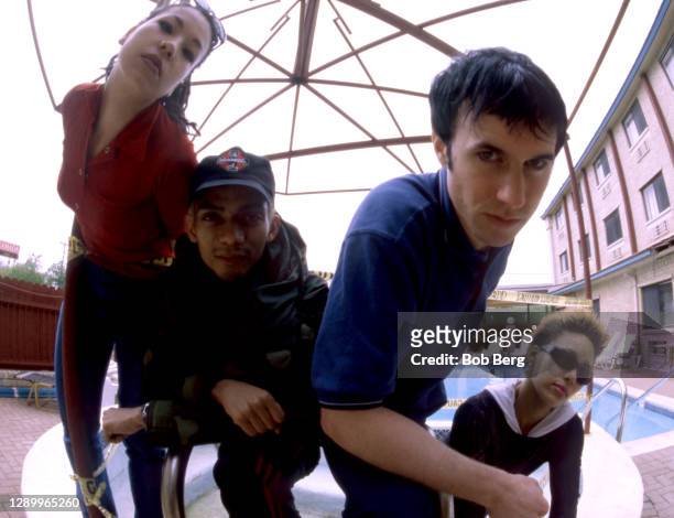 Nic Endo, Carl Crack and Alec Empire of the German band Atari Teenage Riot pose for a group portrait circa March, 1997 at the SXSW Music Festival...
