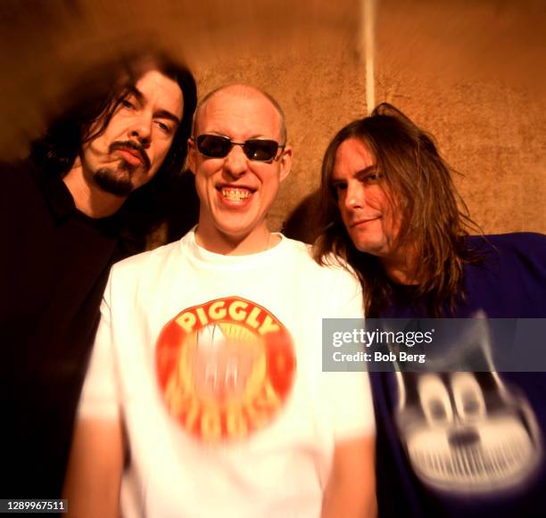 Lead vocalist/keyboards Gibby Haynes, drummer King Coffey and guitarist Paul Leary of the American rock band the Butthole Surfers pose for a group...