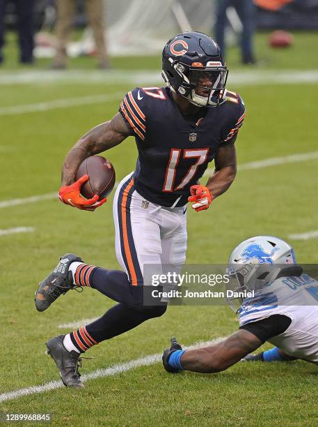 Anthony Miller of the Chicago Bears runs past Jamie Collins of the Detroit Lions at Soldier Field on December 06, 2020 in Chicago, Illinois. The...