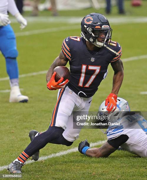 Anthony Miller of the Chicago Bears runs past Jamie Collins of the Detroit Lions at Soldier Field on December 06, 2020 in Chicago, Illinois. The...