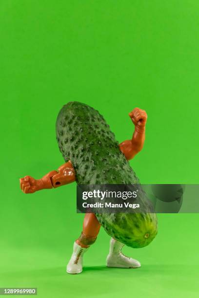 raw cucumber with arms and legs doing a fighting pose - cartoon pickle fotografías e imágenes de stock