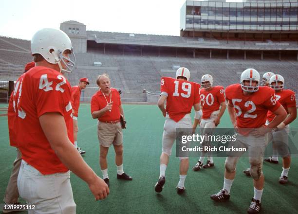 Head coach Bob Devaney of the Nebraska Cornhuskers coaches his team before the spring game held at Memorial Stadium on April 25, 1971 in Lincoln,...