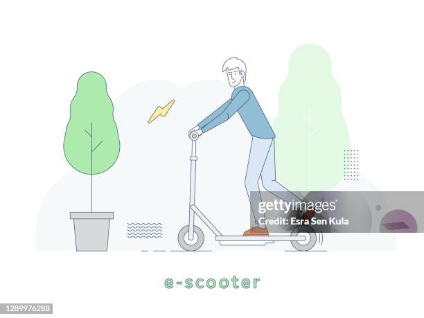 young man riding an electric scooter - motor scooter stock illustrations