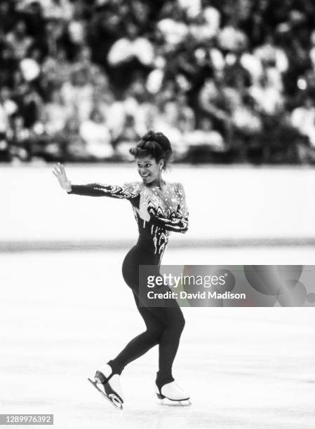 Debi Thomas of the USA skates her Short Program of the Women's Singles Figure Skating competition of the 1988 Winter Olympic Games on February 25,...