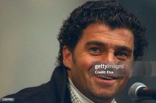 Alberto Tomba of Italy answers questions at a press conference at the Main Press Center during the 1998 Winter Olympic Games in Nagano, Japan. Tomba...