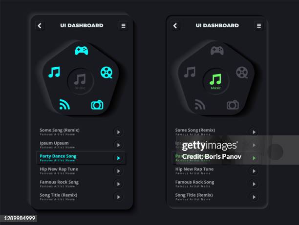 skeuomorphism or neumorphism user interface of modern clean mobile music streaming app with 3d indent push button icons on 3d user interface template in dark night mode - dashboard icon set colors stock illustrations