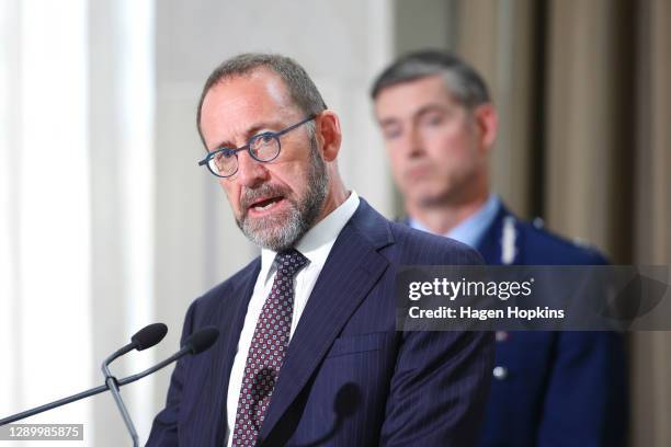 Minister of Health, Minister Responsible for the GCSB and NZSIS, Andrew Little, speaks to media during a media lock-up ahead of the release of the...